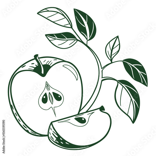 Elegant vector design of a green apple with leaves and slices for branding, packaging, and culinary arts