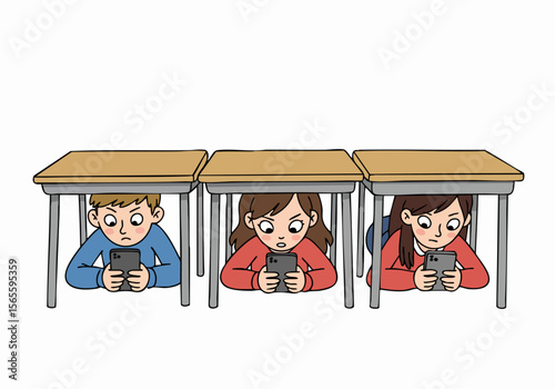 Students hiding under desks to secretly use smartphones during class, showing digital distraction and rule-breaking behavior in school.