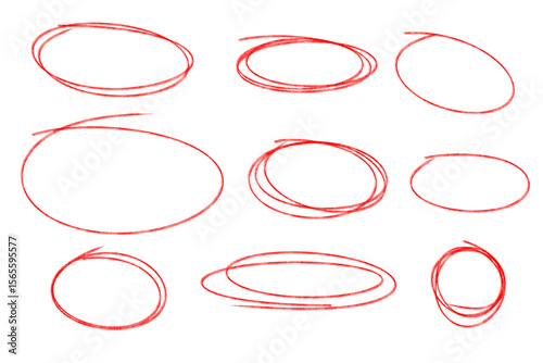 Collection of red handdrawn scribble circles isolated on transparent background