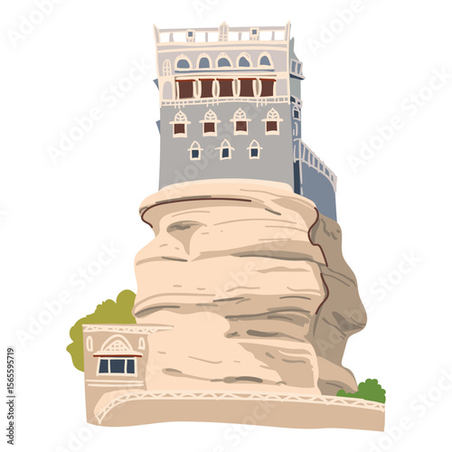 Palace on the Rock or Dar al-Hajar, the summer residence of the Imam. Museum on the cliff near Sana'a. Landmark of Yemen. Vector house on the cliff in flat style.