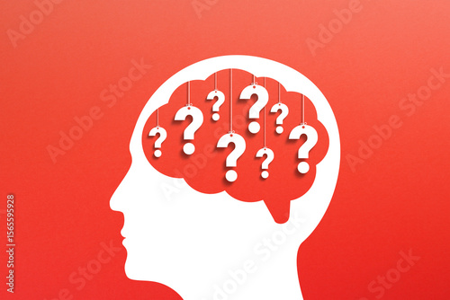 Thinking Brain with Question Marks design on red background