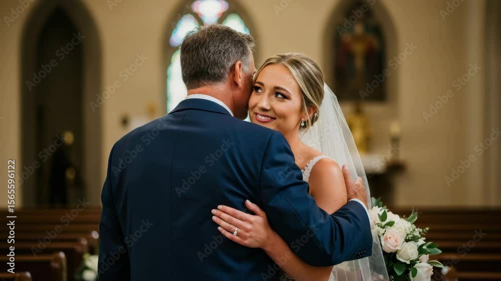 A beautiful bride shares a heartfelt smile with her father in a serene church setting A beautiful bride shares a heartfelt smile with her father in a serene church setting