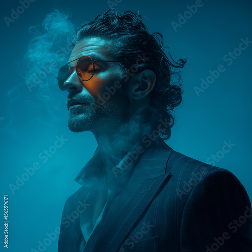 A stylish man in a retro pinstripe suit poses confidently in moody blue lighting, wearing tinted sunglasses. Swirling smoke surrounds him, adding a cinematic and mysterious atmosphere.