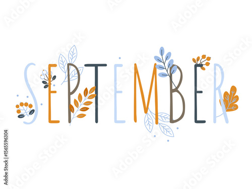 September inscription with seasonal leaves and decor on a white background