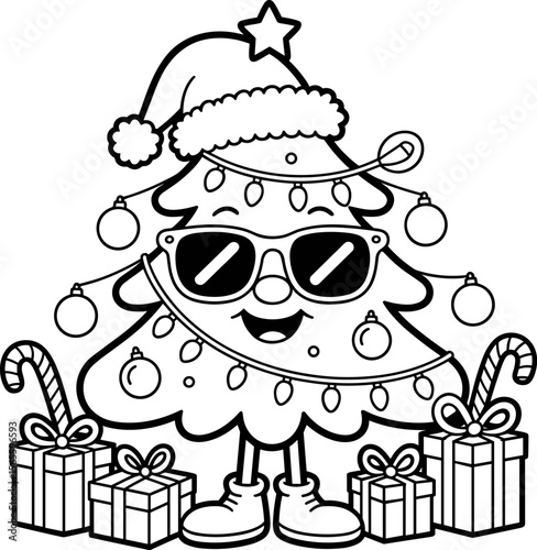 Cool Christmas Tree Characters – Festive Line Art with Sunglasses and Holiday Cheer