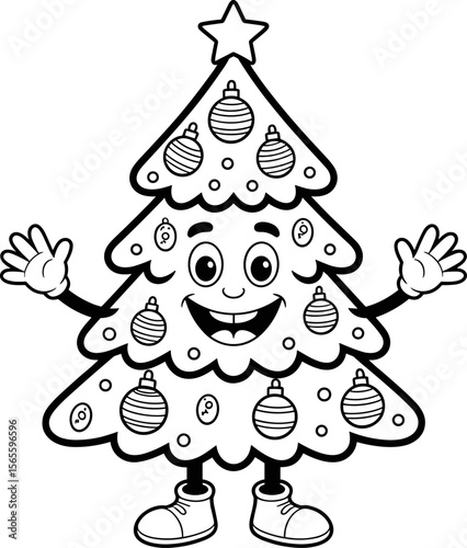 Cool Christmas Tree Characters – Festive Line Art with Sunglasses and Holiday Cheer