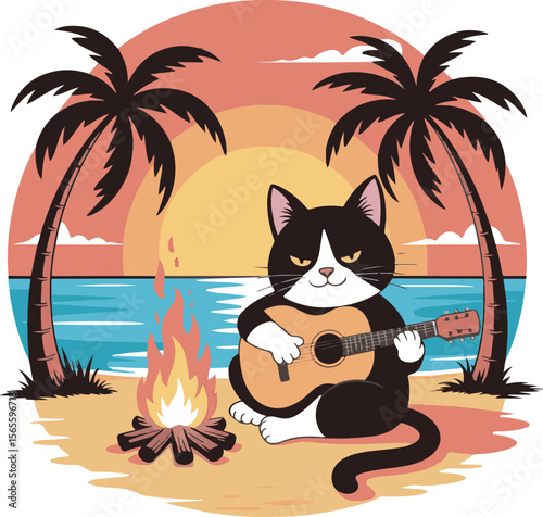 Black cat playing guitar on beach at sunset with bonfire and palm trees vector