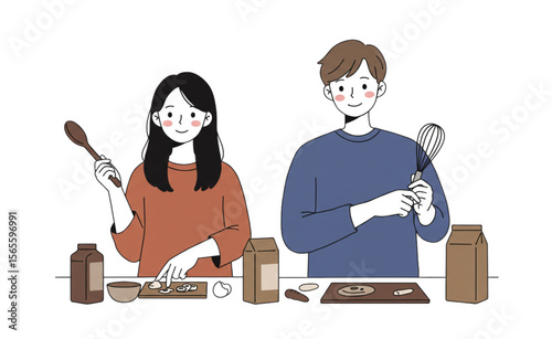 Happy couple preparing food together in the kitchen, ideal for recipe designs, blog posts, or culinary-themed presentations.