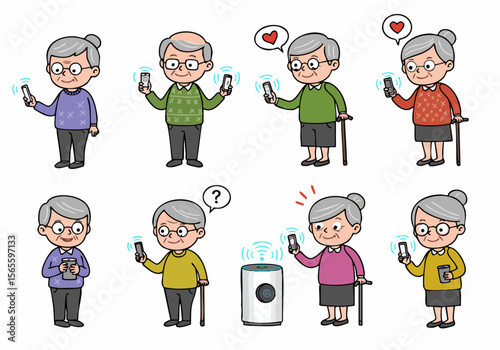 Set of elderly people interacting with smartphones and smart speaker, showing various digital communication scenarios and emotions.