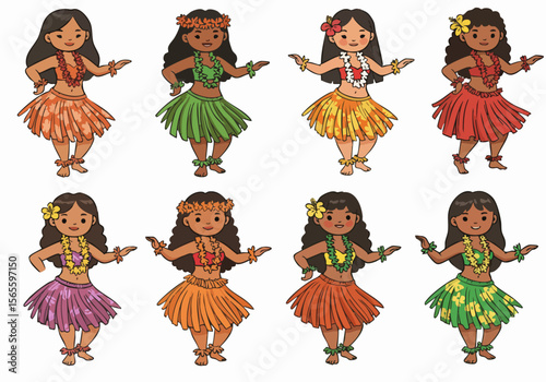 Set of cute cartoon Hawaiian Hula dancers in traditional costumes with leis and flowers, performing different dance poses.