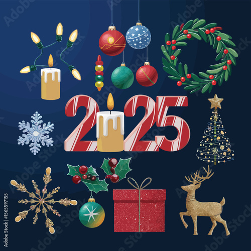 vector Happy New Year Celebrating 2025 in Latin letters , Christmas Decoration Items Santa Claus
