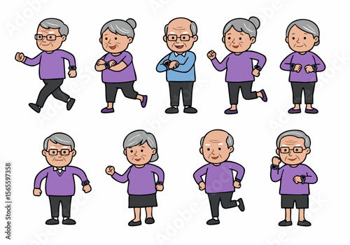 Active Senior Citizens Exercising Cartoon Illustrations Collection Showing Different Poses Like Walking and Jogging, Promoting Healthy Lifestyle and Fitness.