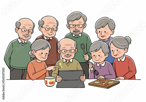 Group of senior citizens gathered around a digital tablet for a learning or cooking activity.