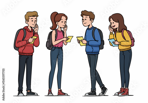Cartoon illustration of four young students or friends with backpacks and papers, talking and interacting, isolated on a white background.