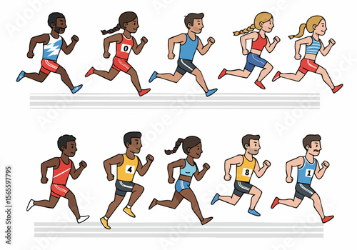 Cartoon illustration showing diverse male and female athletes competing in a track race, representing sport, fitness, and healthy competition.