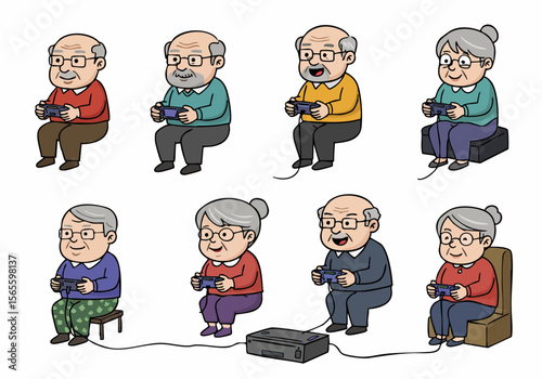 Senior citizens and elderly adults enjoying leisure time by playing video games, depicting happiness and modern recreational activities for older people.
