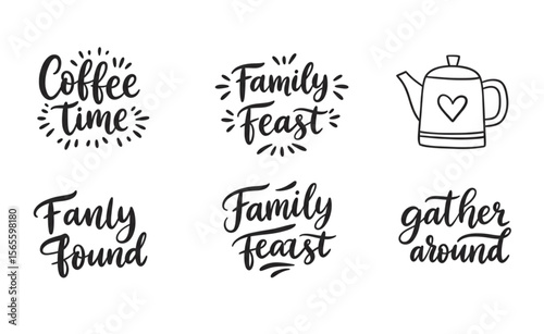 Hand-lettered food and family themed design set featuring coffee, gatherings and feasts for festive layouts and home decor projects.