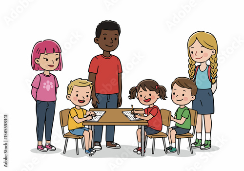 Illustration of children learning at a desk with adults supervising, depicting a diverse group in a school or study setting.