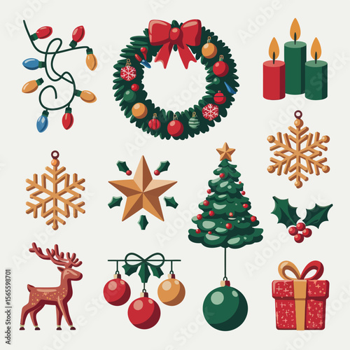 vector Happy New Year Celebrating 2025 in Latin letters , Christmas Decoration Items Santa Claus
