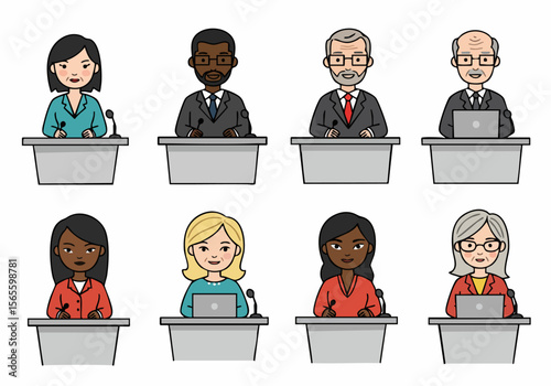 Diverse group of people speaking at conference or debate illustration