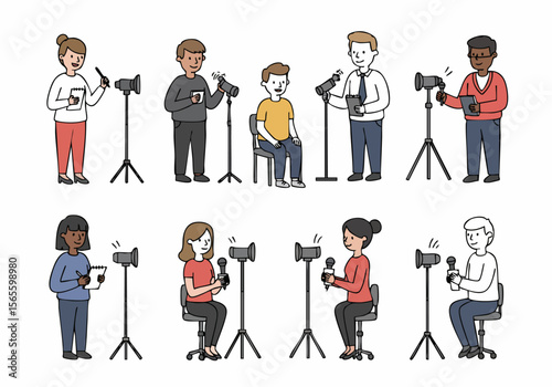 Illustration of diverse people standing and sitting, engaged in interviews, reporting, and public speaking using microphones and stands.