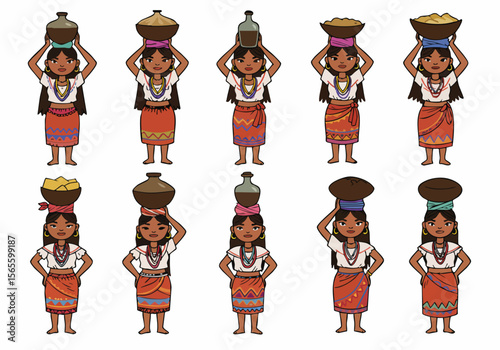 Vector illustration of Indigenous women carrying items on their heads, depicting traditional life, culture, and labor with pots, bowls, and goods.