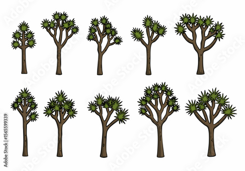 Set of Various Illustrated Joshua Trees on White Background