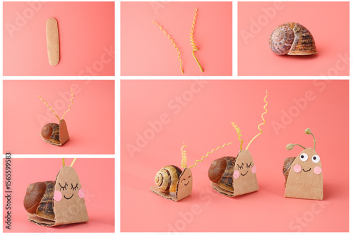 Cardboard-faced snail shells for kids education, environmental branding, school crafts, science curriculum visuals, parenting content, book illustration, creativity-focused learning brands,