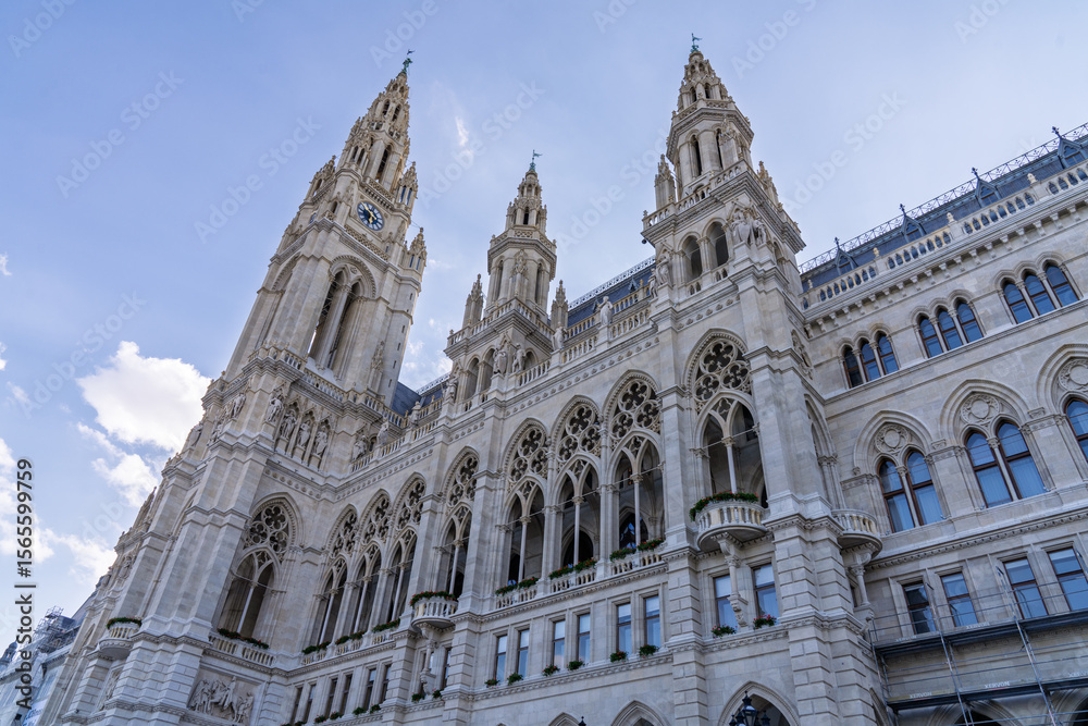 Fototapeta premium Gothic Revival Vienna City Hall with ornate towers and arches
