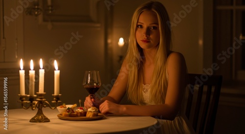A young woman with long blonde hair sits at a table in dimly lit room, enjoying wine and appetizers by candlelight