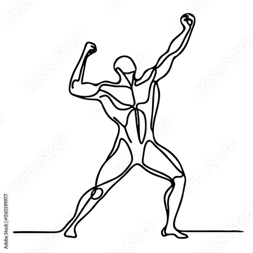 Triumphant Victory – handsome man in elegant emotional theatrical pose: minimalist single-line black drawing One line art.