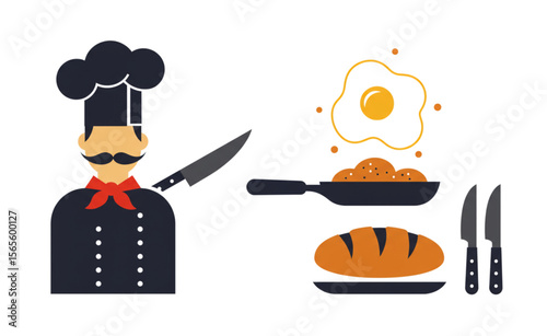 A charming chef graphic with food elements creates a delightful design suitable for restaurant menus or culinary blogs, perfect for branding.