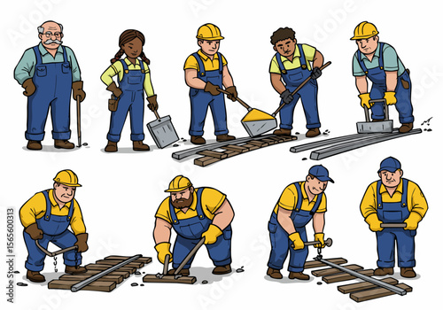 Illustration of diverse construction and railroad workers performing various manual labor tasks: laying tracks, tamping gravel, and using tools like shovels, hammers, and tampers.