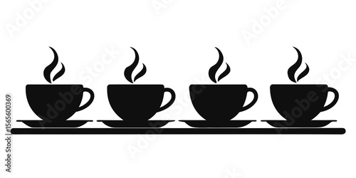Four steaming black coffee cups lined up on a shelf isolated on white background