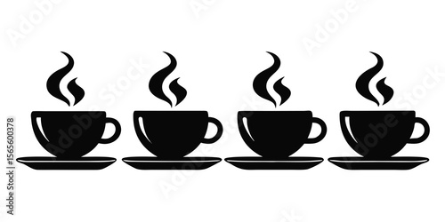 Four black coffee cups with steam rising isolated on white background