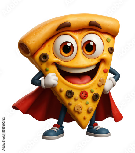 Superhero Pizza Slice Character with Cape, Isolated on Transparent and White Background