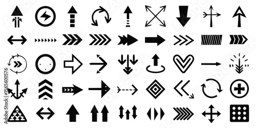 Collection of diverse black arrows and directional symbols isolated on white background