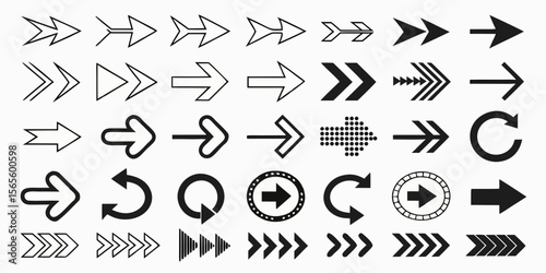 Collection of diverse arrow icons and symbols pointing in various directions isolated on white background