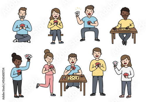 Diverse group of people enjoying card and board games, having fun during leisure time.