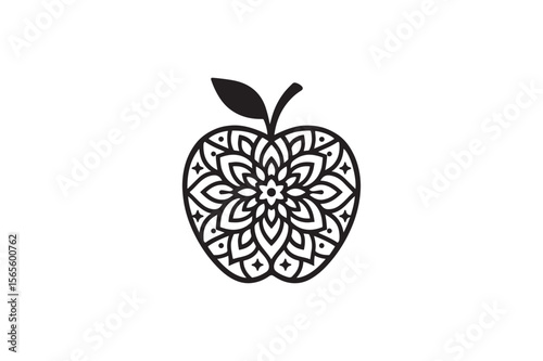 Intricate Apple Mandala Design – Detailed Black and White Art
