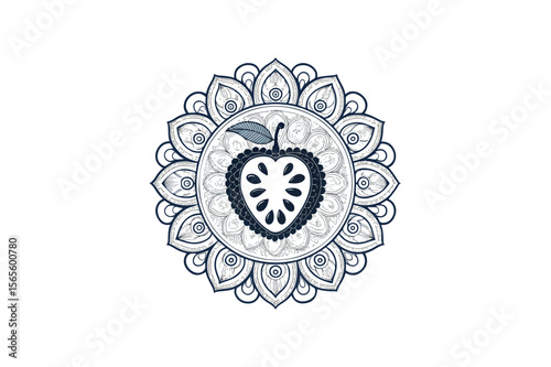 Heart-Shaped Fruit Mandala – Intricate Black and White Zen tangle Design