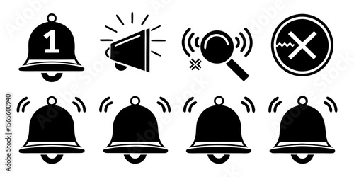 Collection of notification and alert icons including bells megaphone magnifying glass and mute symbol isolated on white background