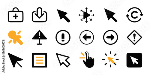 Collection of diverse interface icons including cursors arrows and warning symbols isolated on white background