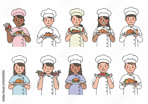 Diverse group of smiling cartoon chefs presenting a variety of delicious prepared food dishes