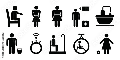Collection of diverse pictogram icons representing people and various activities isolated on white background