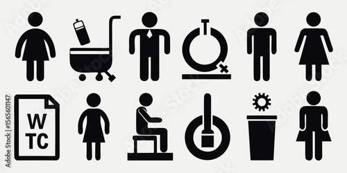 Collection of diverse black silhouette icons representing people objects and symbols isolated on white background