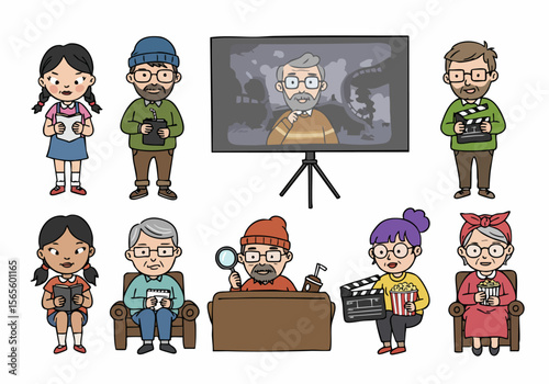 Diverse group of cartoon characters representing various aspects of filmmaking and movie watching activities, including production, reviewing, and viewing.