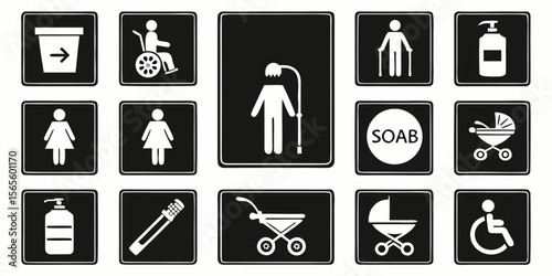 Collection of public facility icons including accessibility and family symbols isolated on white background
