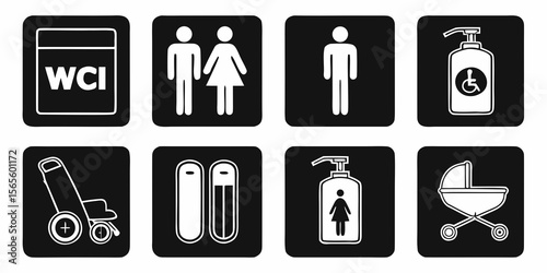 Collection of public facility icons including restrooms accessibility and baby care isolated on white background