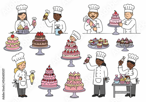 Collection of diverse cartoon chefs and bakers decorating cakes and cupcakes with icing and pastry bags, illustrating baking and confectionery skills.